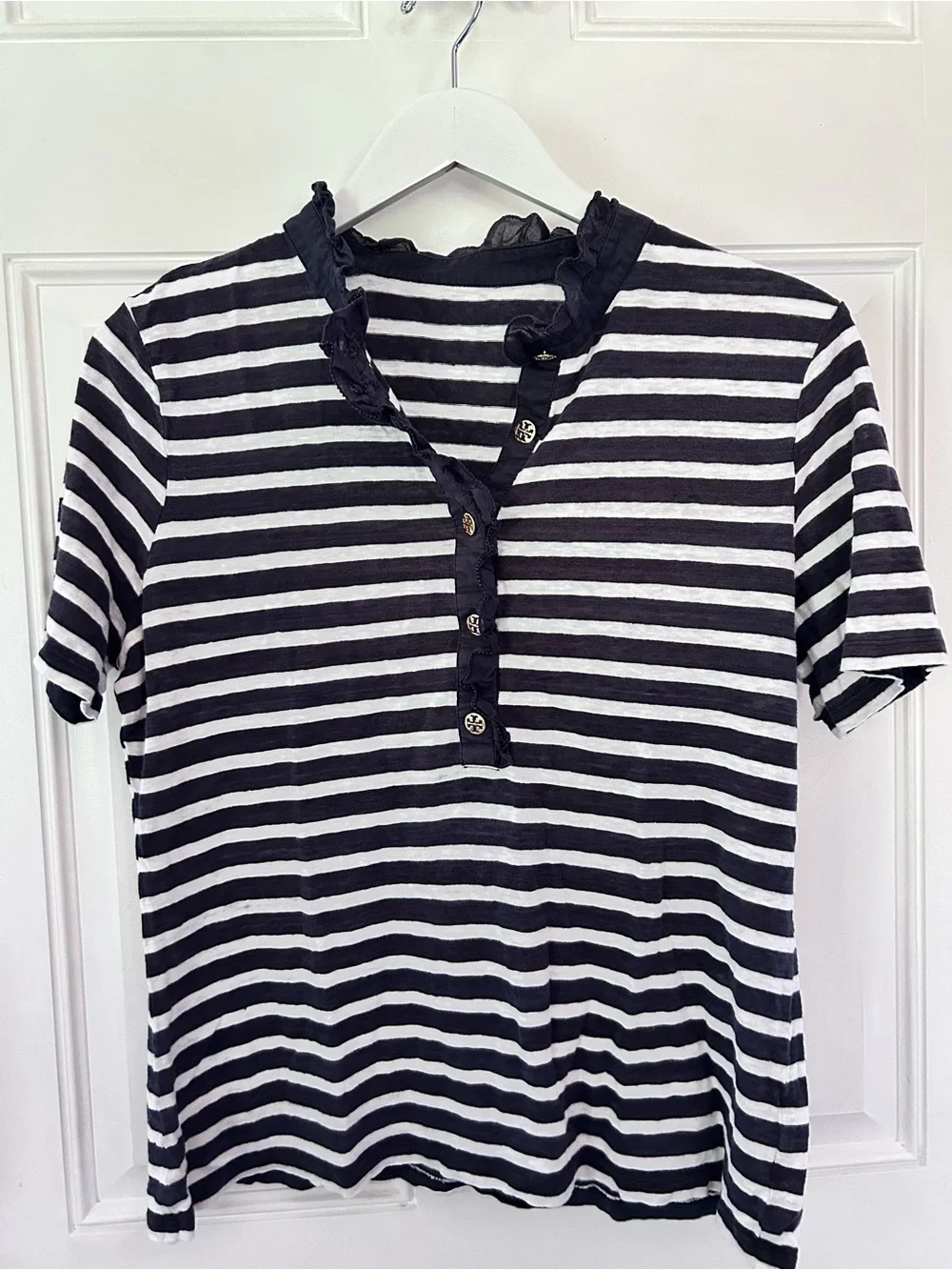 Tory Burch Black and White Striped Short-Sleeve Henley